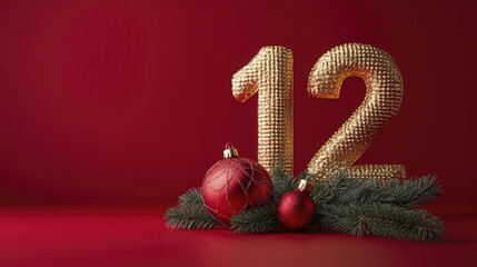 Sparkling gold twelve stands near ornaments and pine branches against rich crimson backdrop nicely