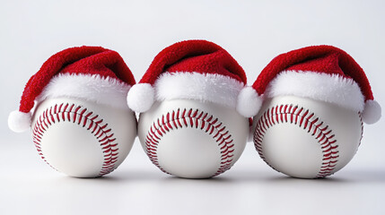 Three baseballs each are festively adorned with red and white Santa hats against a clean backdrop