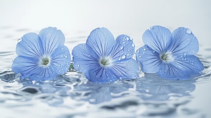 Three delicate blue flax flowers with water droplets floating on water