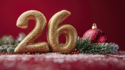 Twenty six glittering gold numbers rest near red ornament on frosted surface
