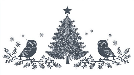 Two owls perch on branches flanking decorated Christmas tree with falling snowflake details