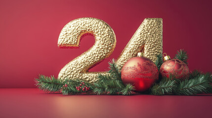 Two golden numerals rest among pine boughs with shiny red ornaments on a crimson backdrop