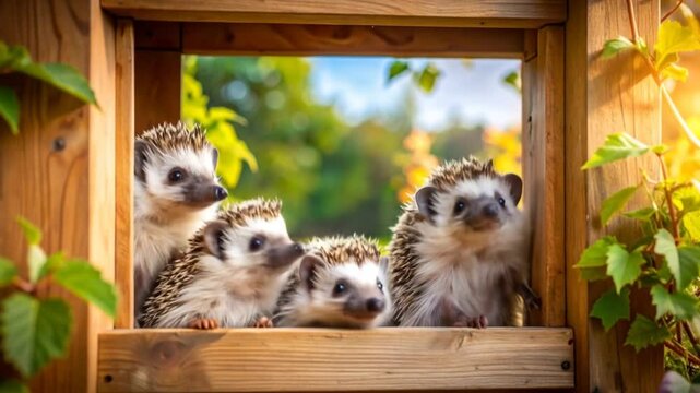 Adorable hedgehog family nestled in a cozy wooden window, basking in sunlit nature