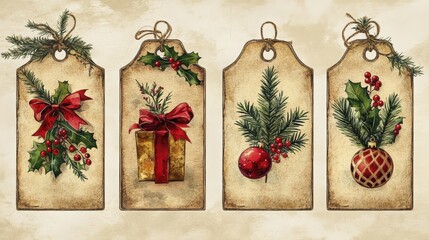 Watercolor Christmas tags featuring festive bows, holly, ornaments and pine boughs