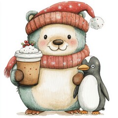 Watercolor Illustration of Bear and Penguin with Winter Accessories and Hot Drink