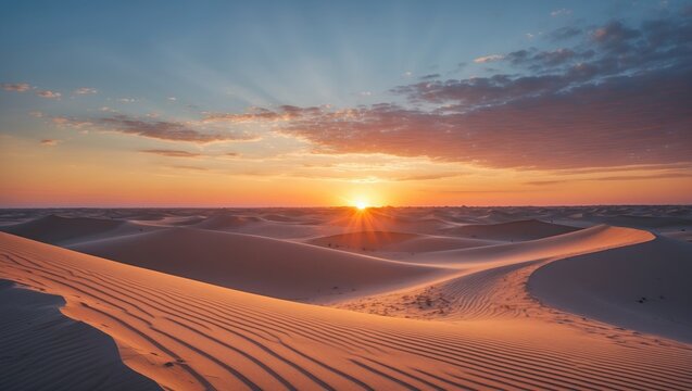 Desert landscape at sunset with sand dunes and wind patterns. The scene showcases natural beauty and tranquility of the desert environment.