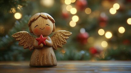 Whimsical Wooden Christmas Angel with Glittery Wings Holds a Red Star