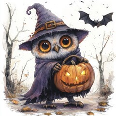 Whimsical Watercolor Illustration of an Owl Witch with a JackO'Lantern
