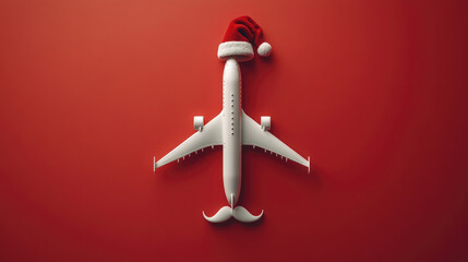 White airplane adorns a Santa hat and mustache against a festive red backdrop