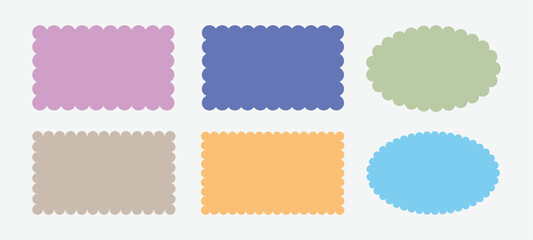 Set of frames with zigzag edge, scallop edge shape. Rectangular, oval scalloped frames. Isolated elements for design of text box, badge, banner.	