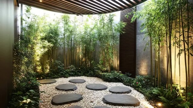 Indoor garden atrium with stepping stones bamboo and indirect lighting through roof slats