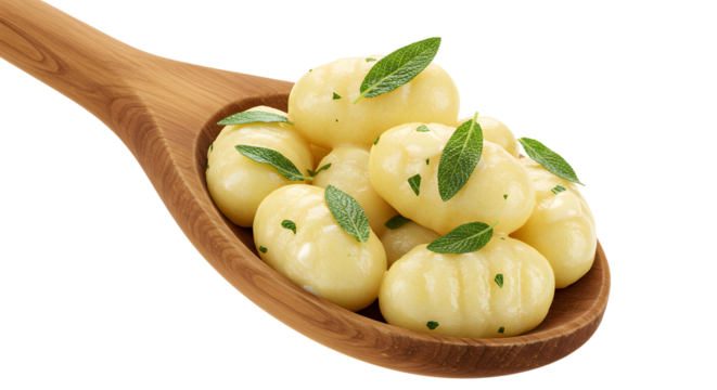 A wooden spoon holding freshly made gnocchi garnished with green herbs, set against a clean, white background