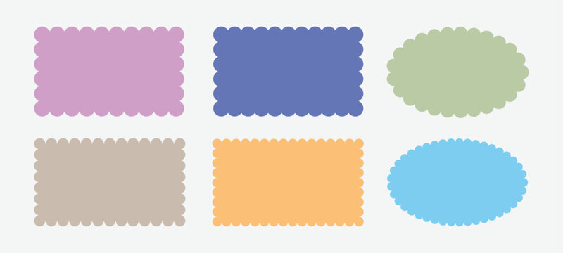 Set of frames with zigzag edge, scallop edge shape. Rectangular, oval scalloped frames. Isolated elements for design of text box, badge, banner.	