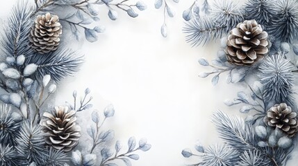Winter Watercolor Floral Frame with Pine Cones and Spruce Branches