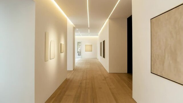 Indoor walkway between rooms with clean white walls, wooden flooring, minimal wall art, and ceiling strip lighting