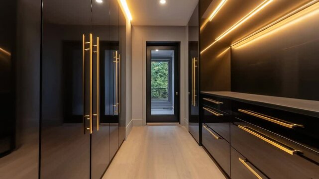Interior with sleek black lacquered cabinet, brass handles, and subtle recessed lighting highlighting its finish