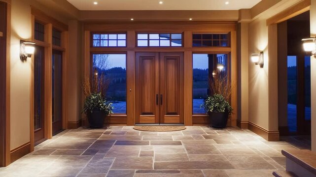 Interior view of a home entryway with large wooden front door, stone floor, and soft directional lighting from above