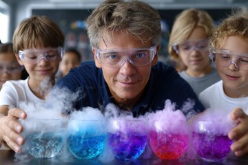 Exciting science experiment with children creating colorful reactions in a classroom setting