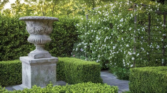 Intimate garden corner with antique stone urn, trimmed boxwood hedges, and climbing jasmine on trellis