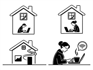 working from home icon set sihouette black vector bundle