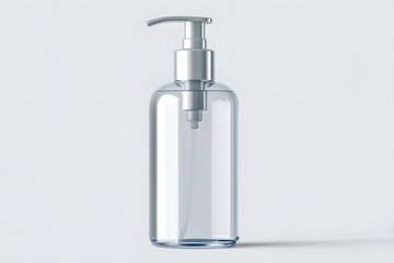Transparent pump bottle with liquid. Modern transparent plastic pump dispenser with clear liquid, isolated on white background. Perfect for soap, hand sanitizer, or cosmetic product branding.
