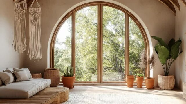 Living room with large arched window, hanging macrame, sunlit terracotta pots, and wicker details in natural tones