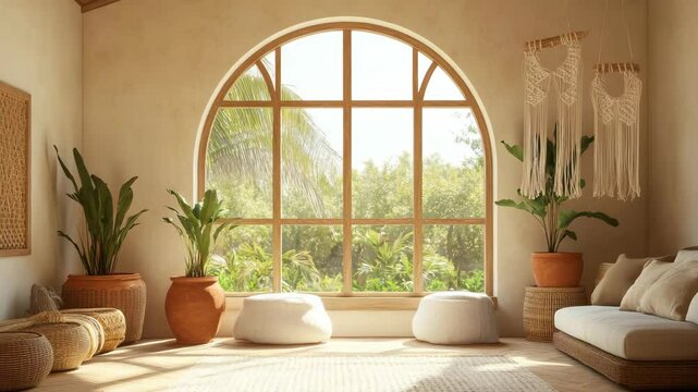 Living room with large arched window, hanging macrame, sunlit terracotta pots, and wicker details in natural tones