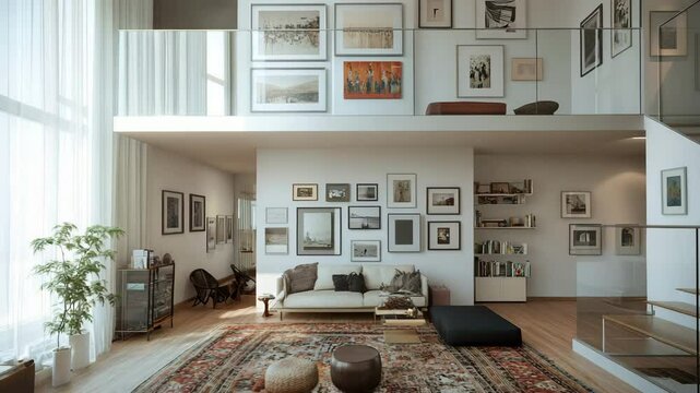 Loft with gallery wall, glass balcony railing, soft rug textures and crisp modern design with daylight