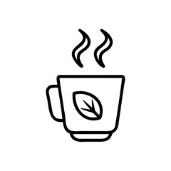 Tea cup with leaf symbol steam rising on background drink beverage