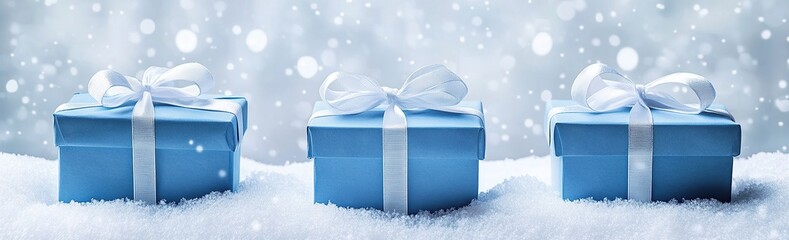 Three blue gift boxes with white ribbon, on snow against a plain white background.