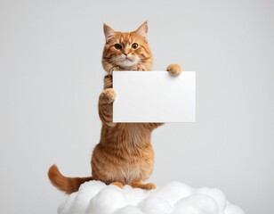 Ginger Cat Holding Blank Sign: An adorable ginger cat, sitting on a fluffy cloud-like surface, holds up a blank white sign, offering a playful. Ai generated image
