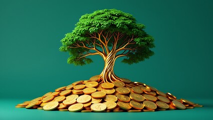 A vibrant green tree with golden roots and trunk grows from a mound of shiny gold coins against a solid teal background symbolizing financial growth and prosperity