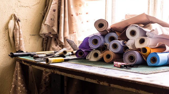 A vibrant stack of multi-colored fabric rolls, arranged in diverse palette. Perfect for sewing, crafting, and design projects. Fashion designers, tailors, and textile materials - Powered by Adobe