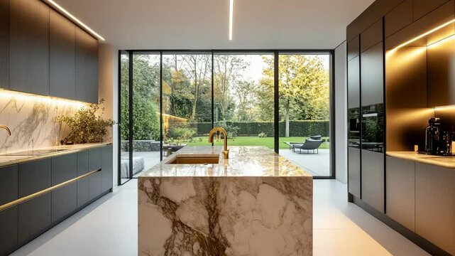 Luxurious open-plan kitchen with marble island, gold fixtures, ambient lighting, sleek cabinetry and wide glass door view to the garden