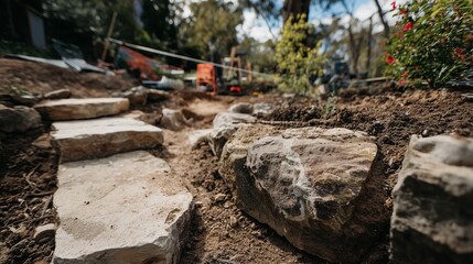 Close-up of a stone pathway being built through a garden, surrounded by dirt and lush greenery on a sunny day.