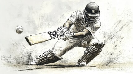 Dynamic cricket batsman in action, powerfully hitting a ball.