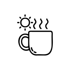 Handdrawn of a mug with steam a sun icon on background coffee beverage