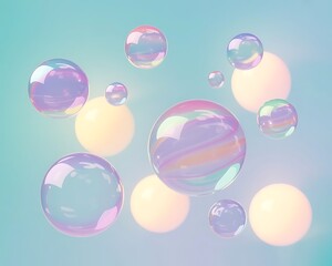 Floating Bubbles on Light Blue Background with Soft Bokeh Glow