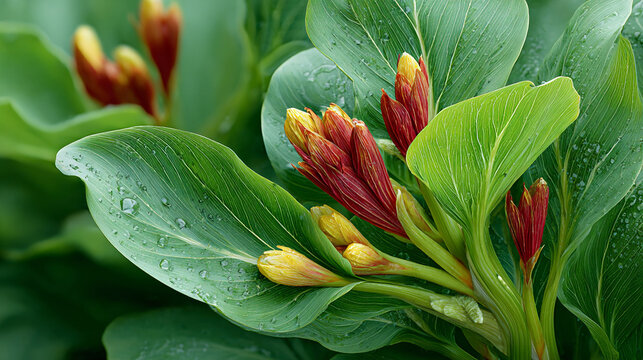 Vibrant green foliage with red and yellow flower buds in a lush garden after rain