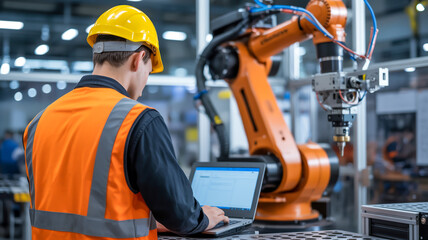 A professional industrial photograph of a male worker in a bright orange high-visibility safety vest and yellow hard hat operating a laptop in front of an orange robotic arm.