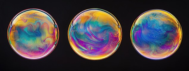 Three soap bubbles, front view, against a black background, displaying iridescent colors