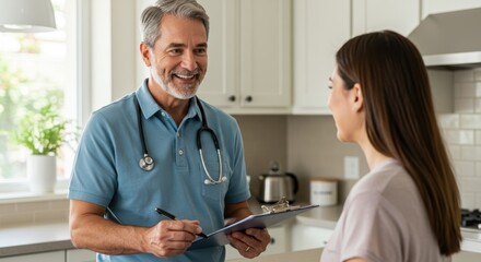 Fototapeta premium Friendly doctor discussing health with a patient in a bright kitchen, showcasing care and professionalism