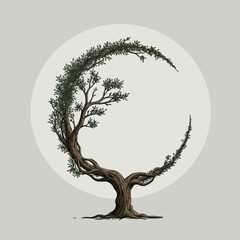 vector tree silhouette, and harmony of the life of the tree and the moon