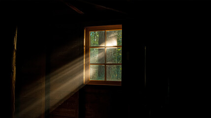 A ray of sun coming through the wooden shutters, illuminates dust on the inside of a dark room. Close up, selective focus. Vintage background