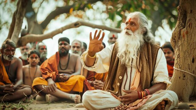 An Indian old guru sitting under a tree with a group of disciples