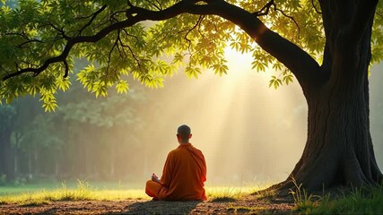Vesak, Buddha Purnima. Monk is sitting under a tree, meditating. The scene is peaceful and serene, with the sun shining through the leaves of the tree. The man is wearing an orange robe - Powered by Adobe