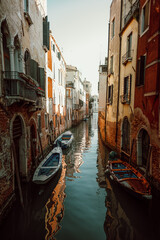 Picturesque Venetian canal with moored boats and sunlit facades