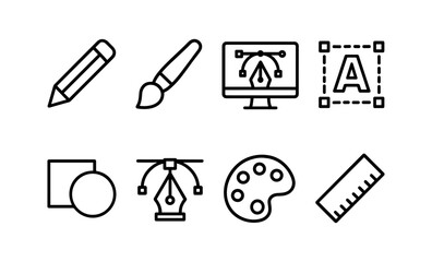 Creative design tools: pencil, brush, monitor, font, shapes, pen tool, palette, ruler icons