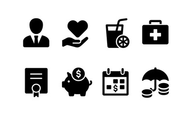 Business and finance icons featuring health, savings, and planning elements