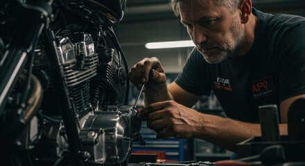 Mechanic working on a motorcycle engine in a workshop, with tools and equipment in the background